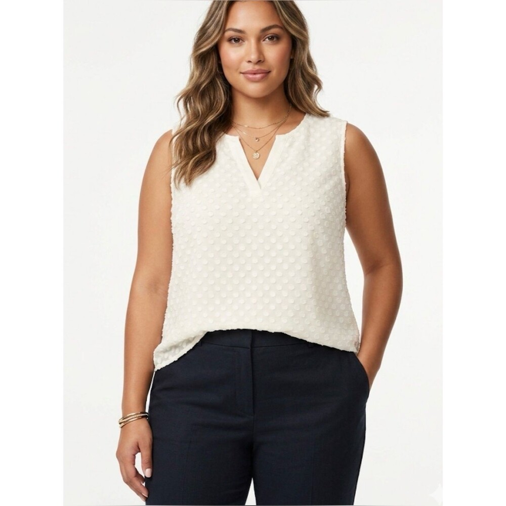 41 Hawthorn White Sleeveless Split V-Neck Swiss Dot Chiffon Blouse SZ 2X